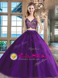 V-neck Sleeveless Tulle Sweet 16 Quinceanera Dress Lace and Appliques Zipper