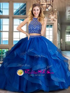 Royal Blue Backless Halter Top Beading and Ruffles 15 Quinceanera Dress Tulle Sleeveless Brush Train