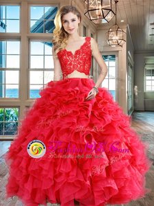 Trendy Red Sleeveless Organza Zipper Quince Ball Gowns for Military Ball and Sweet 16 and Quinceanera