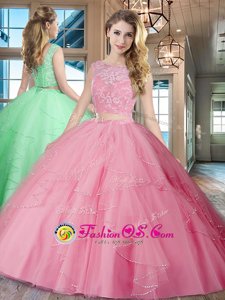 Rose Pink Lace Up Bateau Lace and Ruffles 15 Quinceanera Dress Tulle Sleeveless Brush Train
