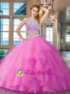 Custom Design Scoop Floor Length Backless Quinceanera Gowns Lilac and In for Military Ball and Sweet 16 and Quinceanera with Beading and Ruffles