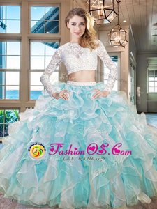 Scoop Aqua Blue Zipper Ball Gown Prom Dress Beading and Lace and Ruffles Long Sleeves Floor Length