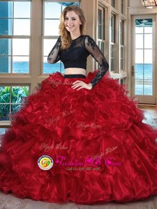 Fashionable Black Two Pieces Taffeta Scoop Long Sleeves Embroidery and Pick Ups With Train Backless Quinceanera Dresses Brush Train