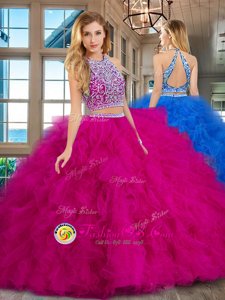 Simple Scoop Sleeveless Beading and Ruffles Backless Sweet 16 Dresses