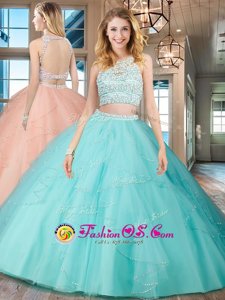 Scoop Backless Floor Length Aqua Blue Quince Ball Gowns Tulle Sleeveless Beading and Ruffles
