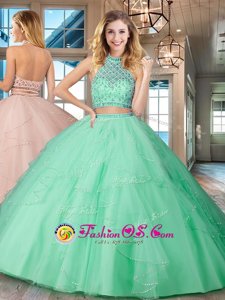 Floor Length Apple Green Ball Gown Prom Dress Halter Top Sleeveless Backless