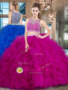 Hot Selling Fuchsia Sleeveless Tulle Brush Train Side Zipper Quinceanera Gown for Military Ball and Sweet 16 and Quinceanera