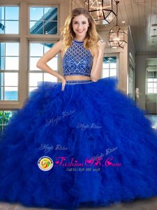 Stunning Royal Blue Tulle Backless Halter Top Sleeveless Sweet 16 Quinceanera Dress Brush Train Beading and Ruffles