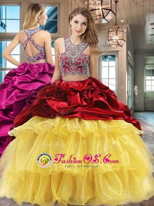 Multi-color Two Pieces Scoop Sleeveless Organza and Taffeta With Brush Train Criss Cross Beading and Ruffled Layers and Pick Ups Sweet 16 Quinceanera Dress