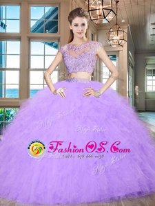 Clearance Lavender Tulle Zipper Scoop Cap Sleeves Floor Length Sweet 16 Dresses Beading and Appliques and Ruffles