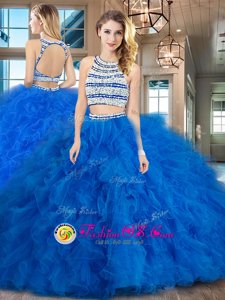 Customized Scoop Backless Blue Sleeveless Beading and Ruffles Floor Length 15th Birthday Dress