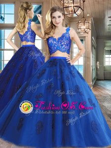 Custom Made Royal Blue Two Pieces V-neck Sleeveless Tulle Floor Length Zipper Lace and Appliques Sweet 16 Dress