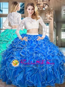 Deluxe Royal Blue Sweet 16 Quinceanera Dress Military Ball and Sweet 16 and Quinceanera and For with Beading and Lace and Ruffles Scoop Long Sleeves Zipper