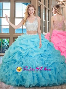 Sleeveless Beading and Ruffles and Pick Ups Zipper Quince Ball Gowns