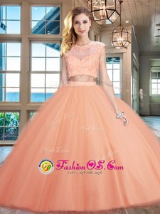 New Style Scoop Peach Zipper Quinceanera Gown Beading and Appliques Cap Sleeves Floor Length