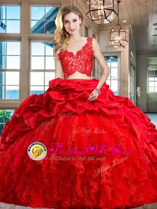 Custom Designed Red Vestidos de Quinceanera Taffeta and Tulle Brush Train Sleeveless Lace and Ruffles and Pick Ups