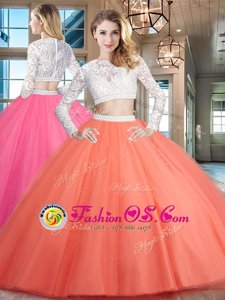 Delicate Scoop Watermelon Red Two Pieces Beading and Lace 15th Birthday Dress Zipper Tulle Long Sleeves Floor Length