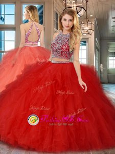 Glorious Scoop Beading and Ruffles Quinceanera Gowns Red Backless Sleeveless Floor Length
