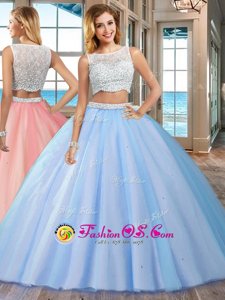 Blue Two Pieces Tulle Bateau Sleeveless Beading Floor Length Side Zipper 15th Birthday Dress