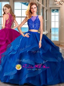 Scoop Royal Blue Tulle Zipper Quinceanera Dress Sleeveless Floor Length Ruffles