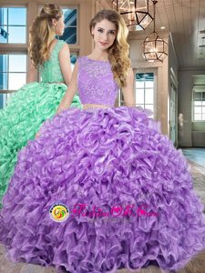 Floor Length Two Pieces Sleeveless Lavender Ball Gown Prom Dress Lace Up