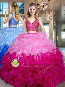 Two Pieces Ball Gown Prom Dress Multi-color V-neck Organza Sleeveless Floor Length Zipper