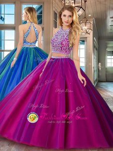 Scoop Fuchsia Tulle Backless Quinceanera Gowns Sleeveless Floor Length Beading