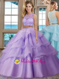 Delicate Scoop Ruffled Lavender Sleeveless Tulle Zipper Sweet 16 Dress for Military Ball and Sweet 16 and Quinceanera