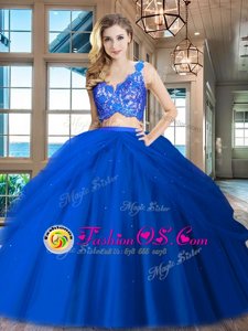 Ruffled Floor Length Royal Blue Ball Gown Prom Dress V-neck Sleeveless Zipper