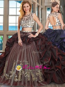Best Burgundy Two Pieces Organza and Tulle Scoop Cap Sleeves Beading and Embroidery and Pick Ups With Train Backless Ball Gown Prom Dress Brush Train
