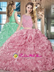 Organza Bateau Sleeveless Brush Train Lace Up Lace and Ruffles Quinceanera Dress in Pink