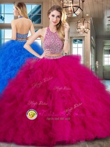 Halter Top Sleeveless With Train Beading and Ruffles Backless Quinceanera Gowns with Fuchsia Brush Train