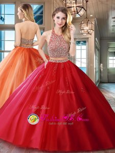 Custom Design Halter Top Red Two Pieces Beading and Appliques Quinceanera Gown Backless Tulle Sleeveless With Train