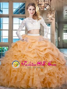 Delicate Scoop Floor Length Gold Quinceanera Gowns Organza Long Sleeves Beading and Lace and Ruffles
