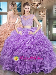 Graceful Purple Two Pieces Scoop Cap Sleeves Organza Floor Length Zipper Beading and Appliques and Ruffles Ball Gown Prom Dress
