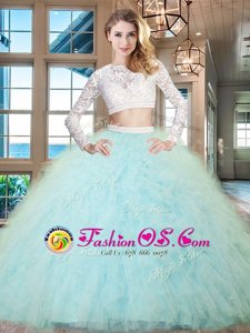 Scoop Light Blue Long Sleeves Floor Length Beading and Lace and Ruffles Zipper Sweet 16 Dresses