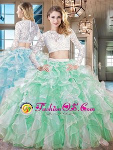 Scoop Apple Green Long Sleeves Floor Length Beading and Lace and Ruffles Zipper Sweet 16 Dress