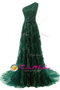 Fashionable Dark Green A-line One Shoulder Sleeveless Tulle Sweep Train Zipper Beading and Appliques Mother Of The Bride Dress
