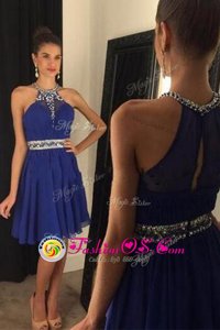 Scoop Royal Blue Zipper Prom Evening Gown Beading Sleeveless Mini Length