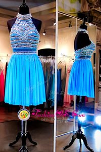 Halter Top Baby Blue Sleeveless Tulle Backless Dress for Prom for Prom and Party