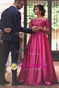 Off the Shoulder Fuchsia Zipper Mother Of The Bride Dress Appliques Long Sleeves Sweep Train