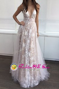 White and Champagne Zipper V-neck Lace Prom Evening Gown Tulle Sleeveless