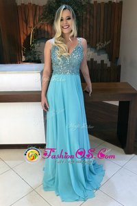 Shining Baby Blue Mother Of The Bride Dress Prom and Party and For with Beading V-neck Sleeveless Sweep Train Backless