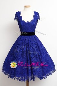 Royal Blue A-line Scoop Cap Sleeves Lace Knee Length Zipper Lace Mother Of The Bride Dress