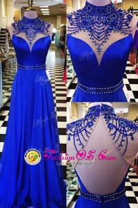 Artistic Royal Blue Chiffon Backless Prom Dresses Sleeveless Sweep Train Beading