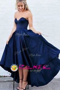 Spectacular Navy Blue A-line Sweetheart Sleeveless Satin High Low Zipper Pleated Prom Dresses