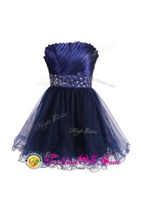 Strapless Sleeveless Evening Dress Knee Length Beading and Sashes|ribbons Navy Blue Satin and Tulle