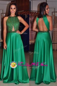 Custom Design Green A-line Scoop Sleeveless Satin Floor Length Backless Beading Evening Dress