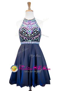 Halter Top Sleeveless Club Wear Mini Length Beading Navy Blue Chiffon