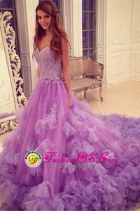 Best Selling Lavender Backless Prom Gown Beading and Hand Made Flower Sleeveless With Train Court Train